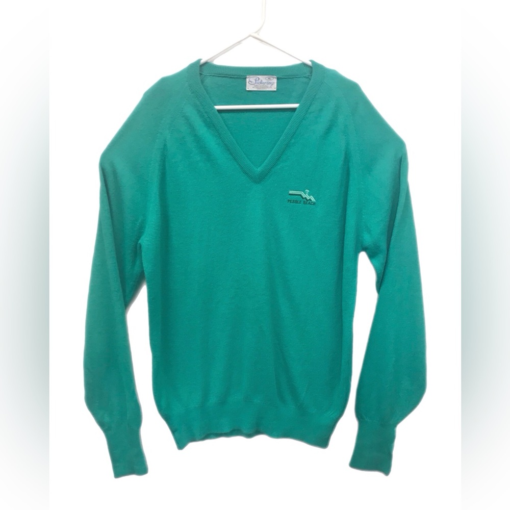 Vintage Pickering Green V-Neck Sweater Pebble Beach Embroidered Logo USA Made XL
